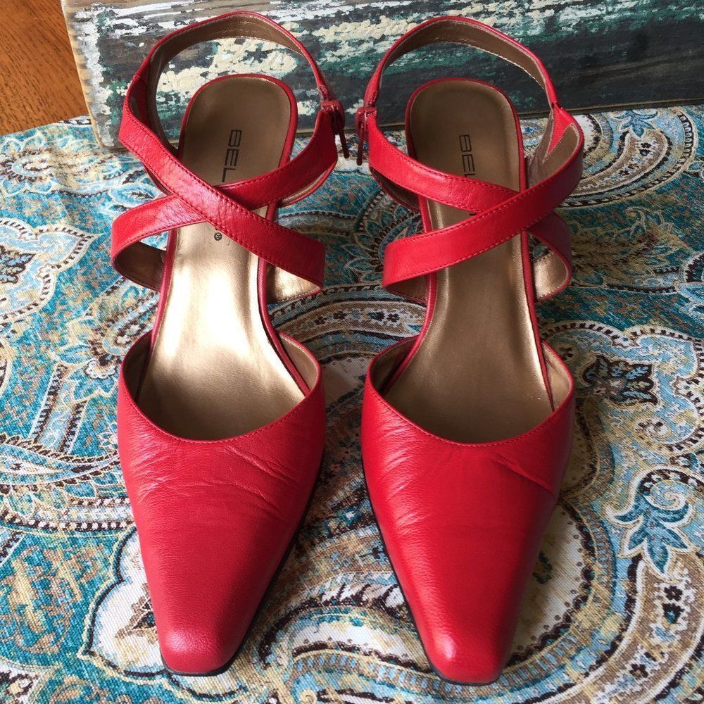 Bellini Red Leather Vintage Ankle Strap Block Heel Pumps Size 8.5 - Picture 2 of 7